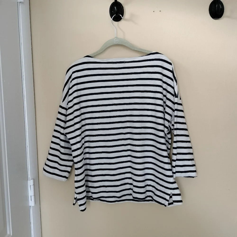 J Crew women long sleeve Cotton Blue white striped floral Top shirt L Nautical